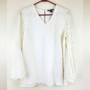 Roaman’s White Lace Bell Sleeve Blouse 14W Romantic Tulip Sleeve Lined Top